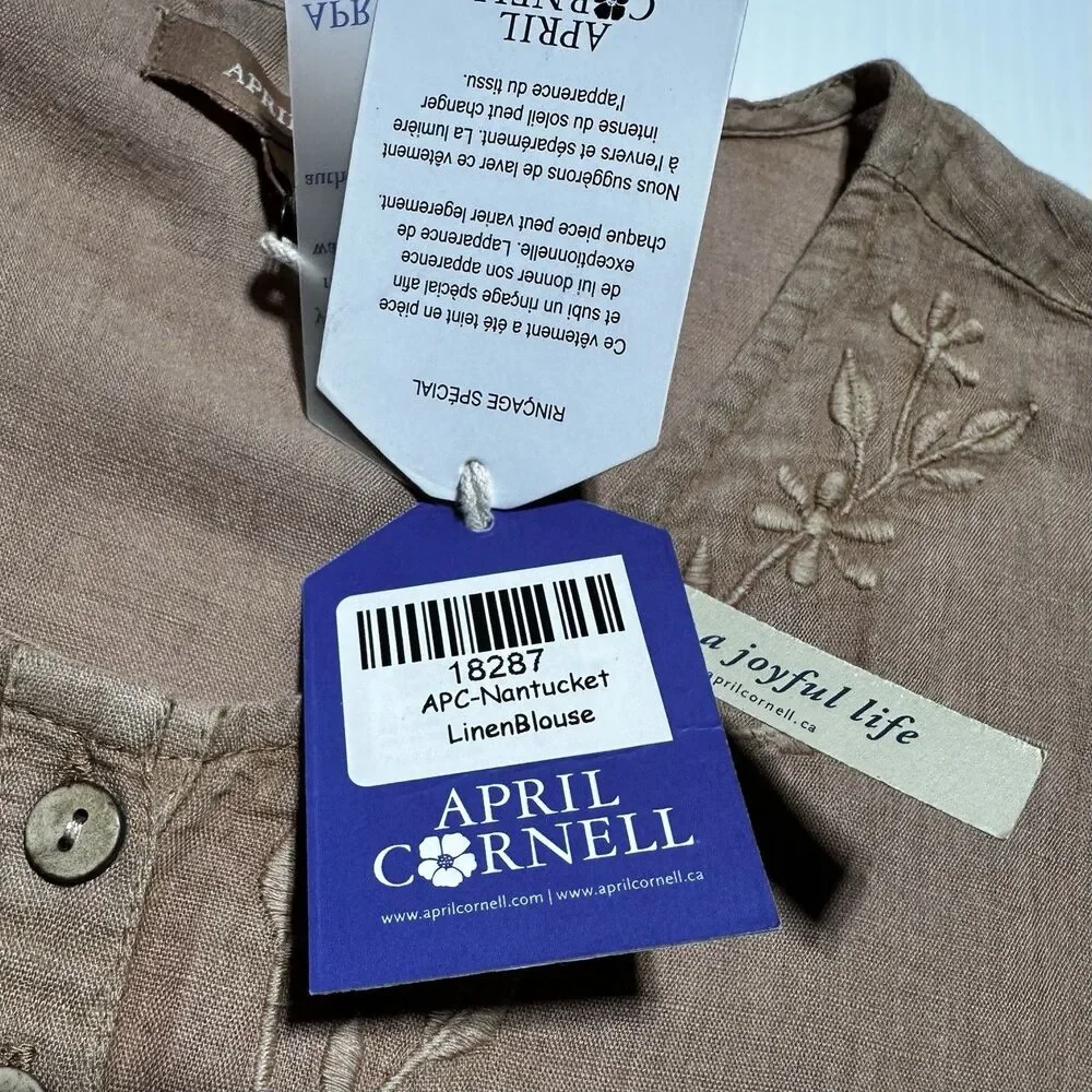 April Cornell Linen Blend Blouse Nantucket Embroidered Tan Brown Size L NWT - Picture 7 of 10